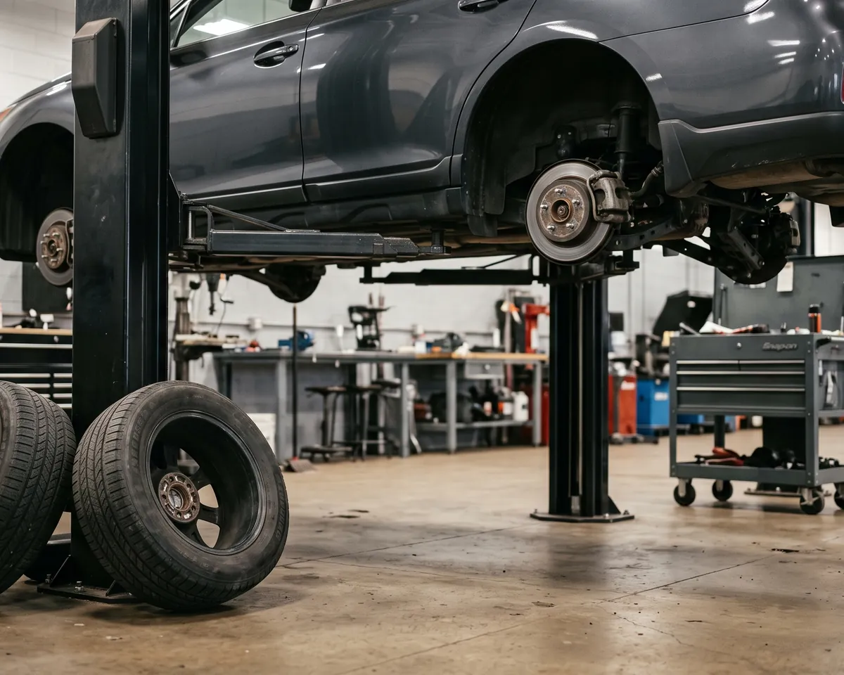 A bay in New York with a vehicle on the lift and all four wheels off