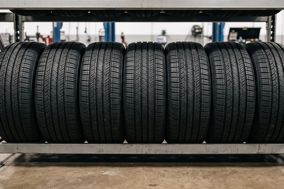 New tires racked and labeled with size and DOT date